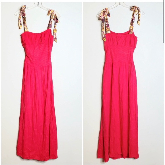 New Free People Hot Hibiscus Santorini Dress Sz 4 Pink Linen Blend Shoulder Ties - Picture 1 of 3